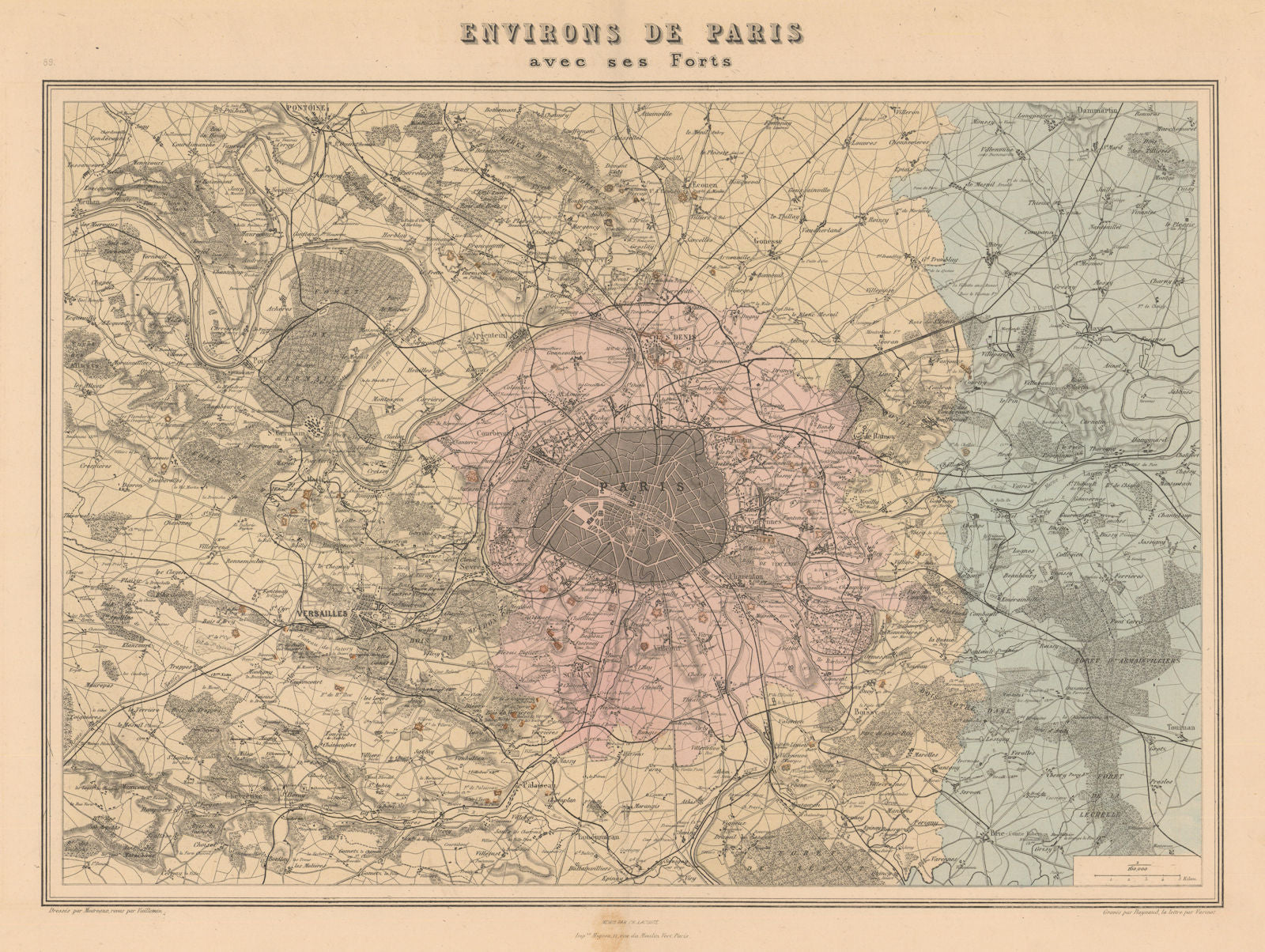 Environs de Paris avec ses forts. Paris fortifications. Vuillemin 1890 old map